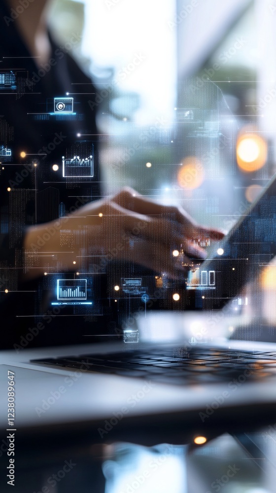Poster Futuristic Workflow Interface Holographic Process Diagrams and Icons in Sleek Urban Office - Business Automation and Digital Efficiency for Modern Enterprises