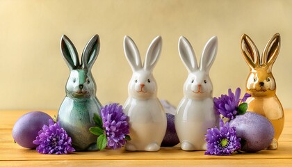 Obraz premium Easter concept.Ceramic Easter bunnies with painted Easter eggs and violet flowers on a pale yellow wooden table with copy space. Generated image
