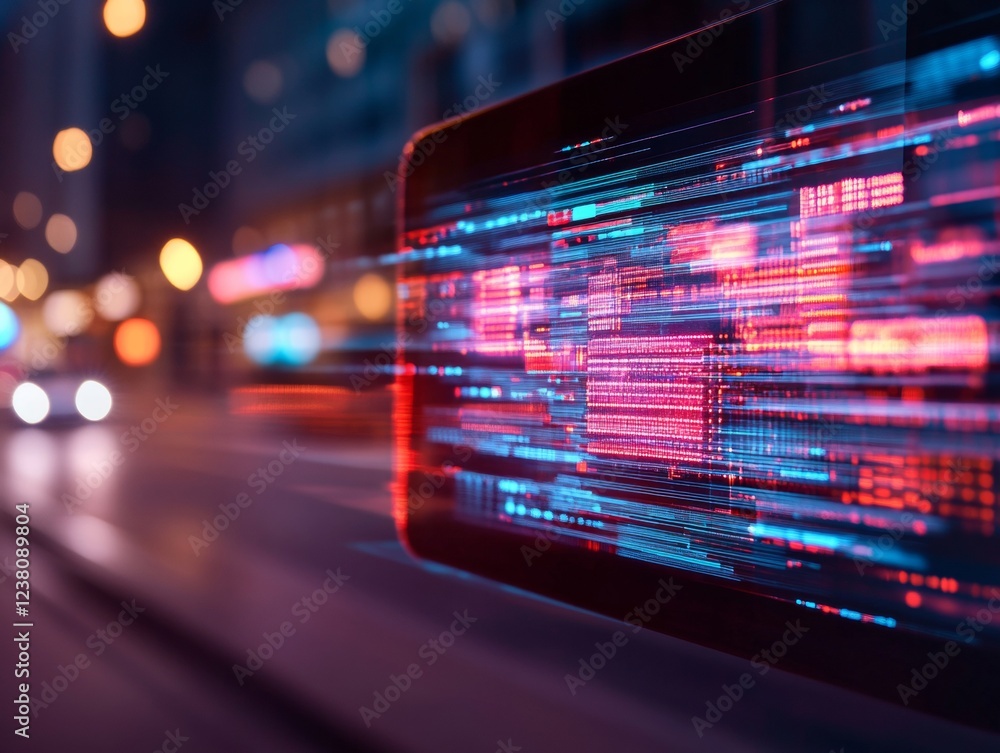 Poster Futuristic Holographic Mobile Interface Dynamic LED Display with Network Graphics - Digital Business Solutions and Interactive Marketing for Innovative Tech Industry