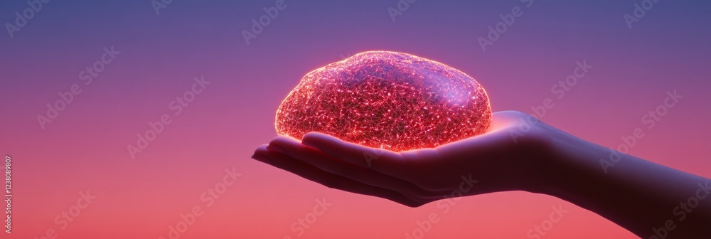 Poster Neon Futurism Luminescent Hand-Cupped Globe Against Gradient Sky - Visualizing Tech Innovation for Digital Marketing and Trendsetting Brand Campaigns