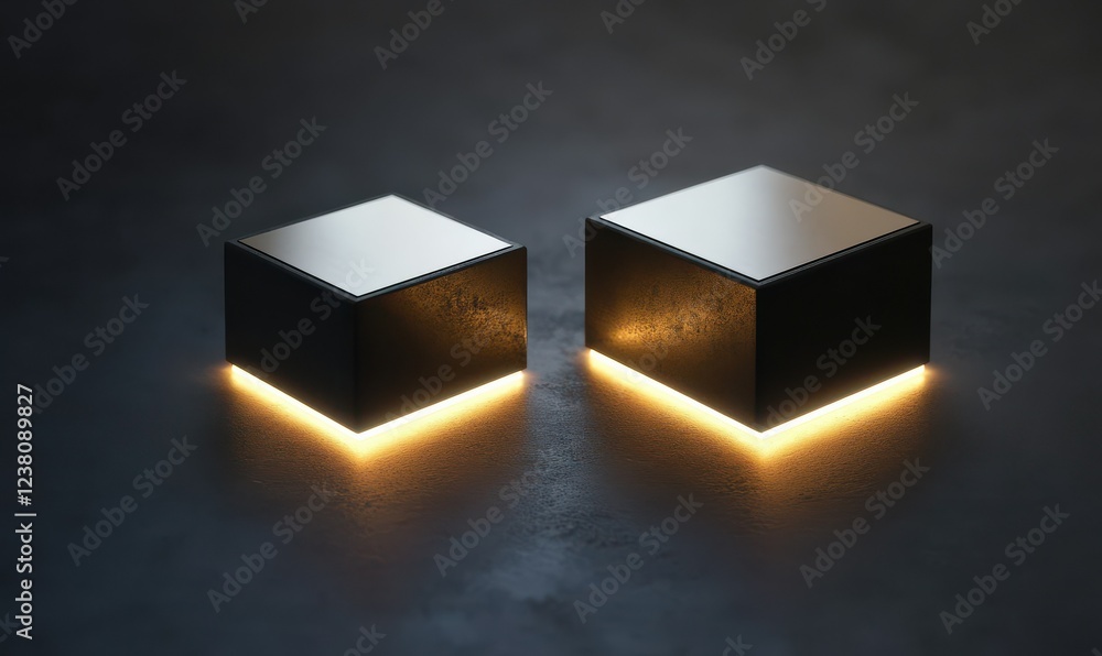 Poster geometric abstract forms of black and silver squares glowing with subtle highlights.