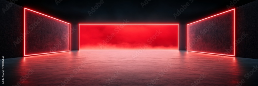 Poster immersive neon led display futuristic red light panels in minimalist black room - cutting-edge digit