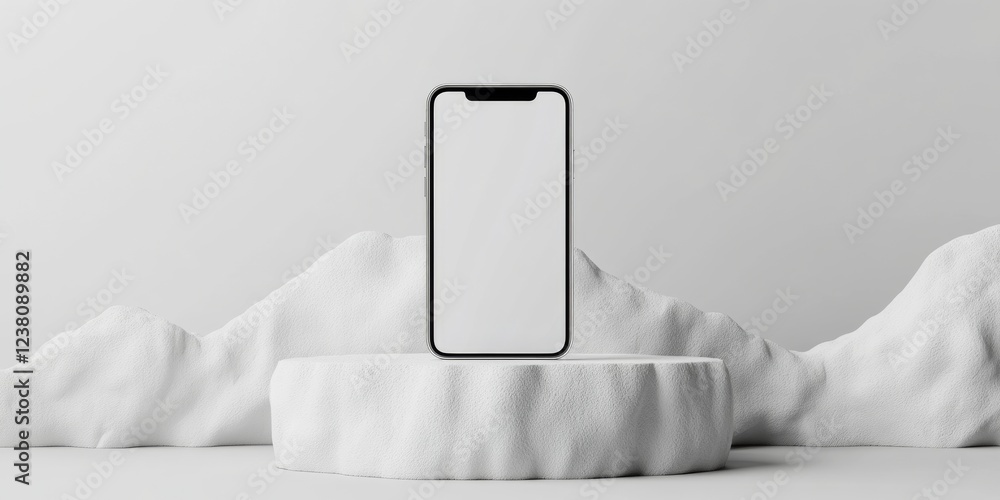 Poster frameless smartphone mockup minimalist display on textured podium - sleek tech content and innovativ