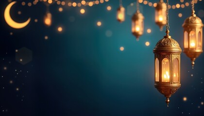 Ramadan celebration scene. Ornate golden lanterns hang in air. Crescent moon visible. Background dark teal teal blue. Soft lights, sparkles add festive touch. Decorative lanterns create warm