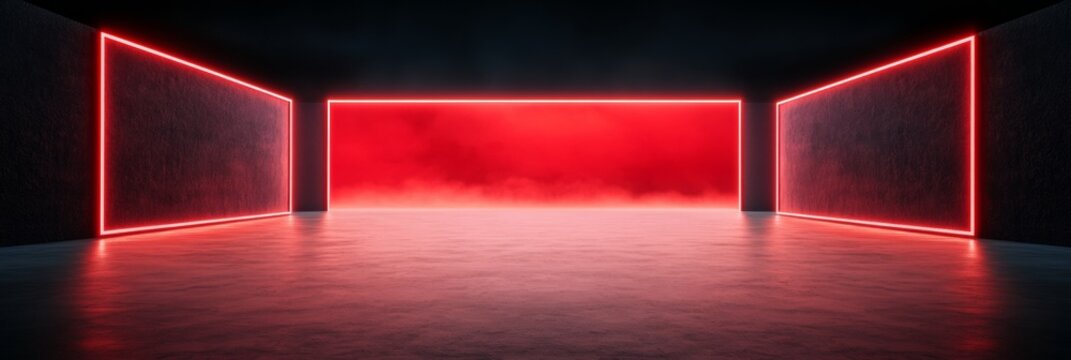 Immersive Neon LED Display Futuristic Red Light Panels in Minimalist Black Room - Cutting-Edge Digital Experience for Tech Innovation and Marketing Integration