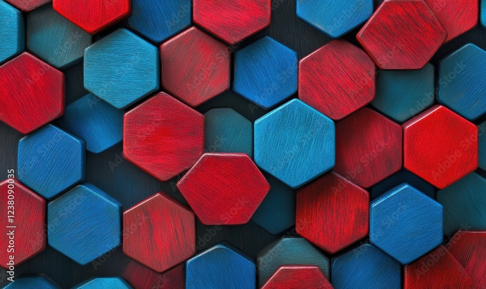 Poster geometric red and blue hexagonal shapes arranged in a modern and abstract pattern, creating bold vis