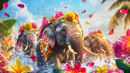 Vibrant Songkran with Playful Elephants Amid Flowers and Water Splashes in a Tropical Paradise Setting  Cultural Festival Tradition in Thailand