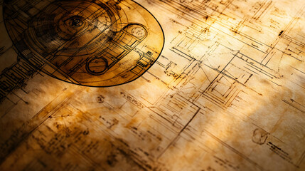 Vintage architectural blueprint with intricate technical drawings and detailed schematics