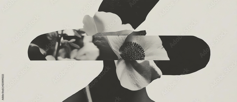 Aufkleber composition featuring geometric shapes and a distorted flower on a minimalist background