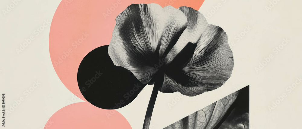 Poster minimalist collage with geometric shapes and distorted floral elements on a white backdrop