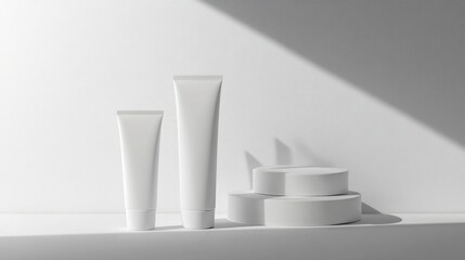 Minimalist White Cosmetic Products on Podium