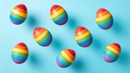 Colorful rainbow Easter eggs on a blue background