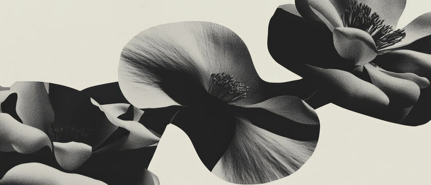 Minimalist collage featuring distorted flower cutouts with geometric shapes on a white background
