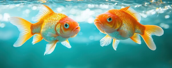 Fototapeta premium Innovative animal technology veterinary concept. Two vibrant goldfish swim gracefully in clear blue water, showcasing their bright orange scales and fins.