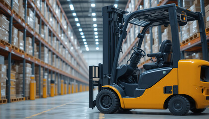 Driverless forklift transporting crates to smart truck in modern warehouse