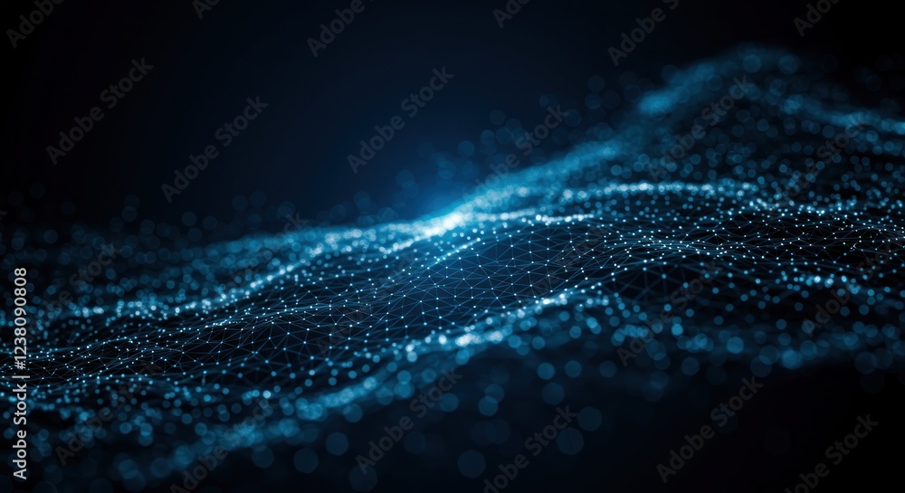 Poster abstract network data visualization: glowing blue nodes and connections