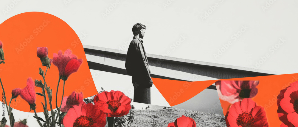 Poster minimalist collage of a bridge and flowers in a modern design setting