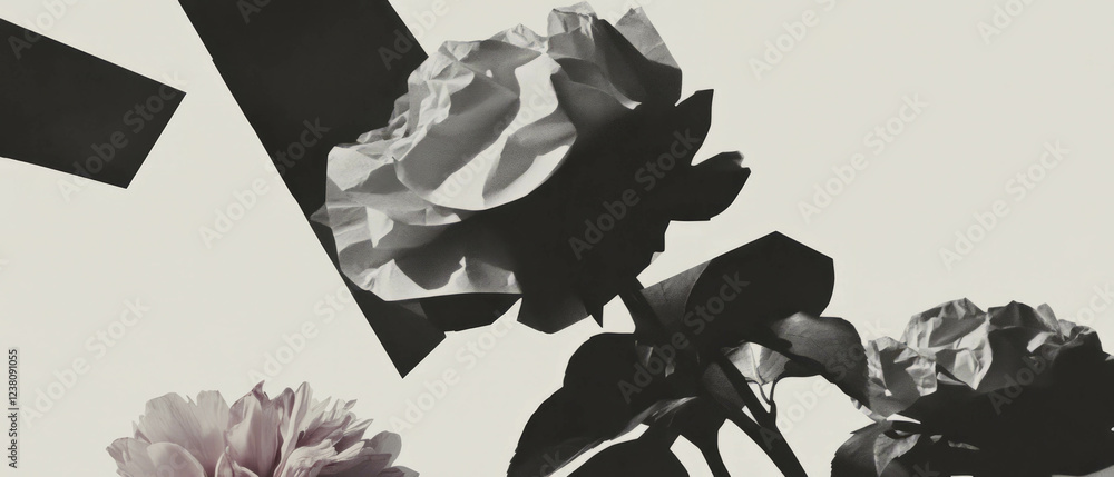 Poster exploring minimalist design with geometric shapes and floral elements in a serene composition