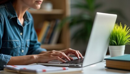 Woman sits at desk focused on laptop. Uses tech to access digital textbooks, online study materials. Reinforcing learning for upcoming exam. Study session in home office. Modern learning methods.