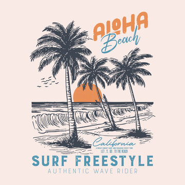 Aloha beach vintage t-shirt print design, Surfing Miami. palm tree. big waves. sunset vibes, Florida. beach graphic. girls vector graphics. hand drawn artwork.holiday recreation, Tropical summer beach