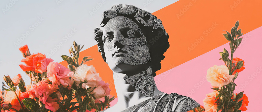 Poster collage features a statue with fractal patterns surrounded by colorful geometric shapes and flowers