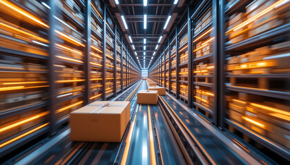 High-speed automated parcel sorting system with glowing conveyor belts