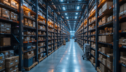 Advanced mechanical system efficiently sorting parcels in vibrant warehouse