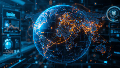 Futuristic map showing illuminated global logistics pathways