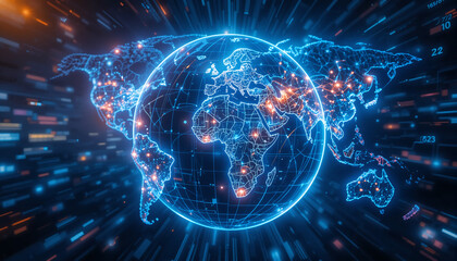 Digital map highlighting global logistics pathways with futuristic interface