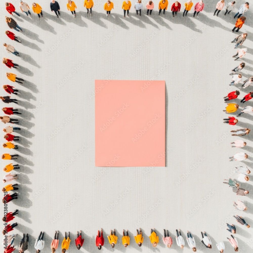 Poster Future-Forward Crowd Formation Aerial View of Diverse Community Encircling Blank Space - Visual Content for Social Unity Campaigns and Collaborative Branding Narratives