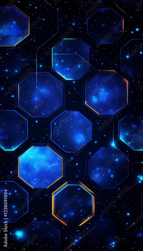 Poster abstract futuristic digital network vivid blue hexagon mesh with connecting lines, background