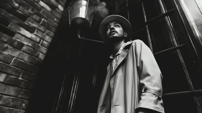 Film Noir Detective in Trench Coat Looking Upward in Dramatic Alleyway Scene