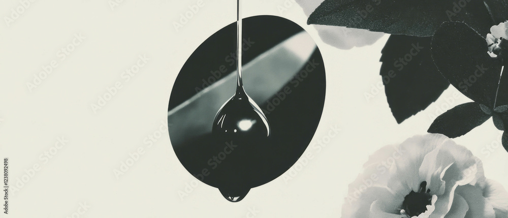 Aufkleber minimalist collage of geometric shapes and floral elements with a water drop on a leaf