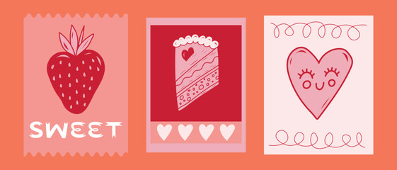 Colorful illustrations celebrating sweets and love featuring strawberries, heart-shaped cake, and cute hearts on a vibrant background