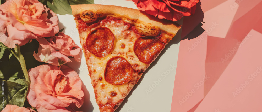 Poster Minimalist collage of pizza slice surrounded by geometric shapes and flowers creating visual harmony