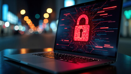 Laptop screen shows red padlock symbol on digital system with alerted messages. Nighttime city lights out of focus background suggests cyberattack in progress. Virtual display shows attack on