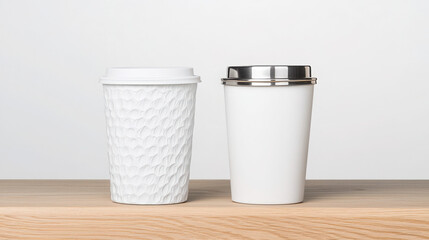Sustainable Living with Zero Waste Reusable Products. Two coffee cups on a wooden surface, one with a textured design and the other with a sleek metallic lid.