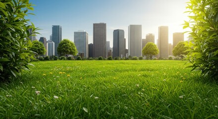 Obraz premium Urban Oasis: City Skyline Meets Lush Green Park