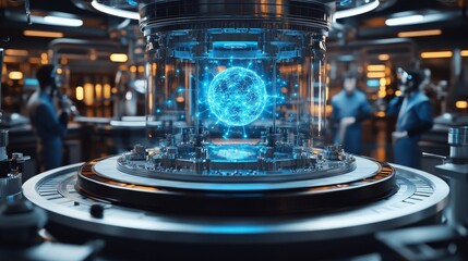 Futuristic laboratory showcasing advanced quantum computing devices emitting blue light, with scientists using VR equipment to operate and research deep learning algorithms in a high-tech environment.