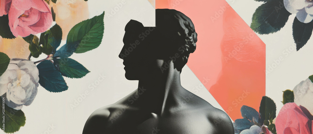 Aufkleber collage of geometric shapes and floral patterns featuring a statue silhouette in minimalist design