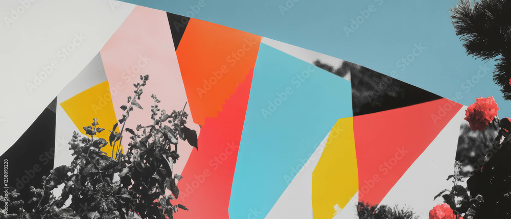 Poster minimalist collage of colorful flags and geometric shapes with floral elements
