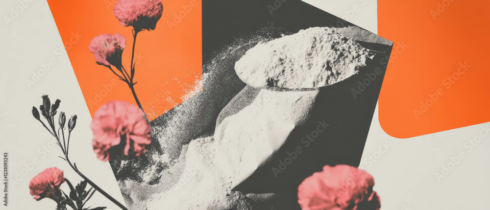 Poster minimalist collage featuring a bag of flour spilling on a white background with geometric shapes