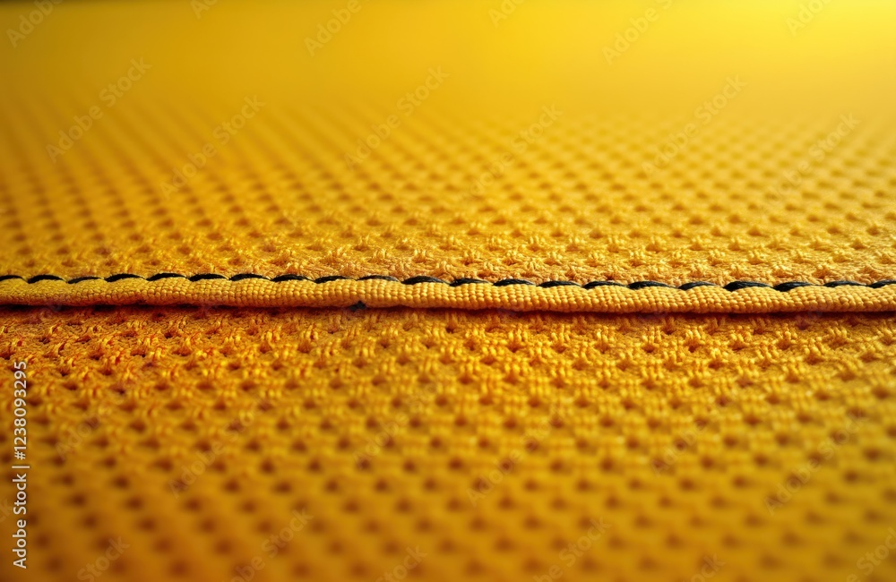 Poster closeup view of vibrant yellow fabric texture with visible stitching. detailed view of woven materia