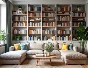 Cozy home living room with bookshelves filled with books, plants. Stylish, modern interior design. Comfortable L-shaped sofa, coffee table. Warm, bright ambiance. Stylish decor in peaceful home space.