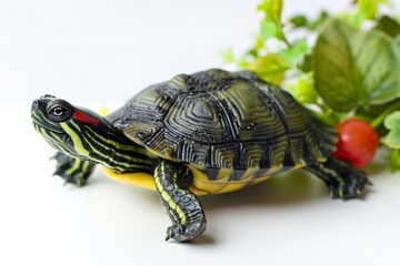 Obraz premium Living and toy turtle on a white background.