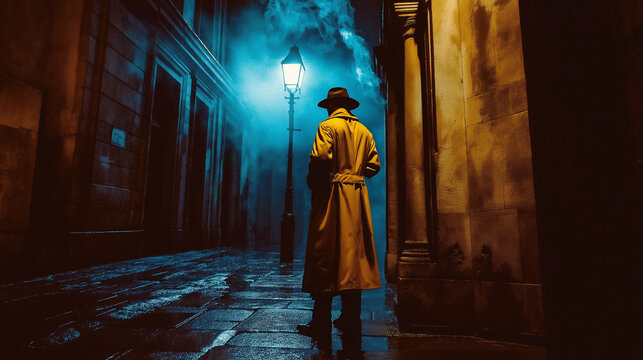 Enigmatic Detective in Yellow Trench Coat Standing in Moody Gas-Lit Alleyway