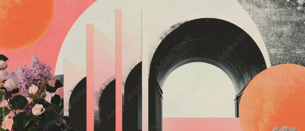 Poster creative blend of geometric shapes and floral elements with a historical bridge backdrop