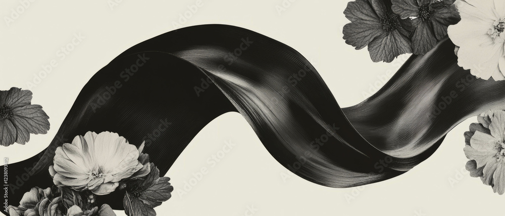 Poster minimalist collage integrating geometric ribbon and floral elements on a stark background