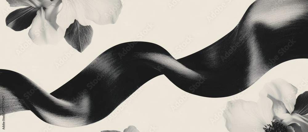 Poster minimalist collage featuring geometric shapes and flowing ribbon with undulating curves