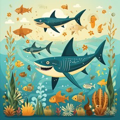 Obraz premium Repeating Shark Pattern in Flat Vector Art for Marine Life Enthusiasts